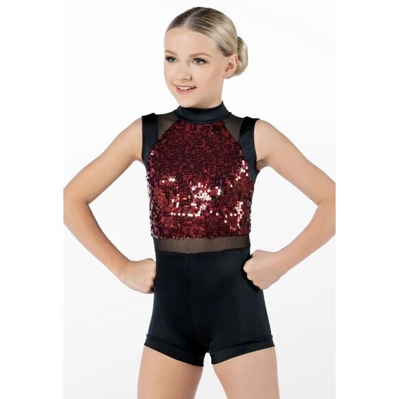 Dance Costume Medium Child Burgundy Weissman 13499 Jazz Acro Tap Sequin 3in1 - Picture 4 of 5